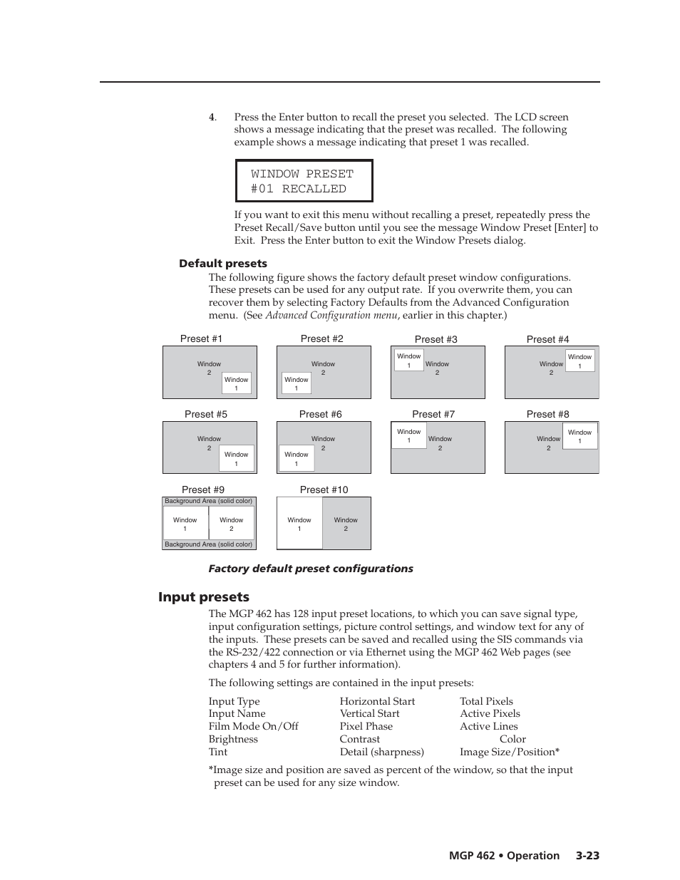 Window preset #01 recalled, Input presets | Extron Electronics MGP 462D User Manual | Page 45 / 130