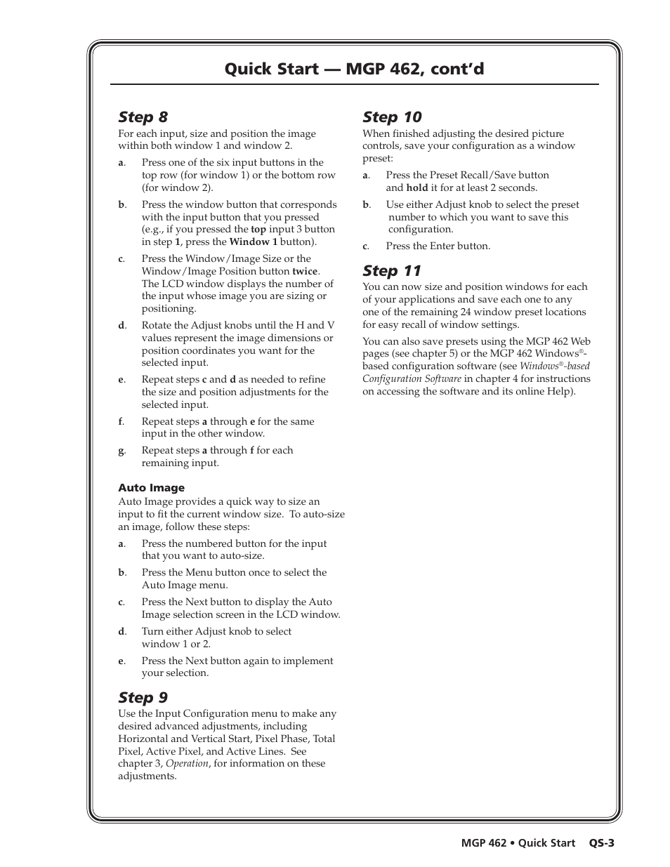 Quick start — mgp 462, cont’d, Step 8, Step 9 | Step 10, Step 11 | Extron Electronics MGP 462D User Manual | Page 5 / 130