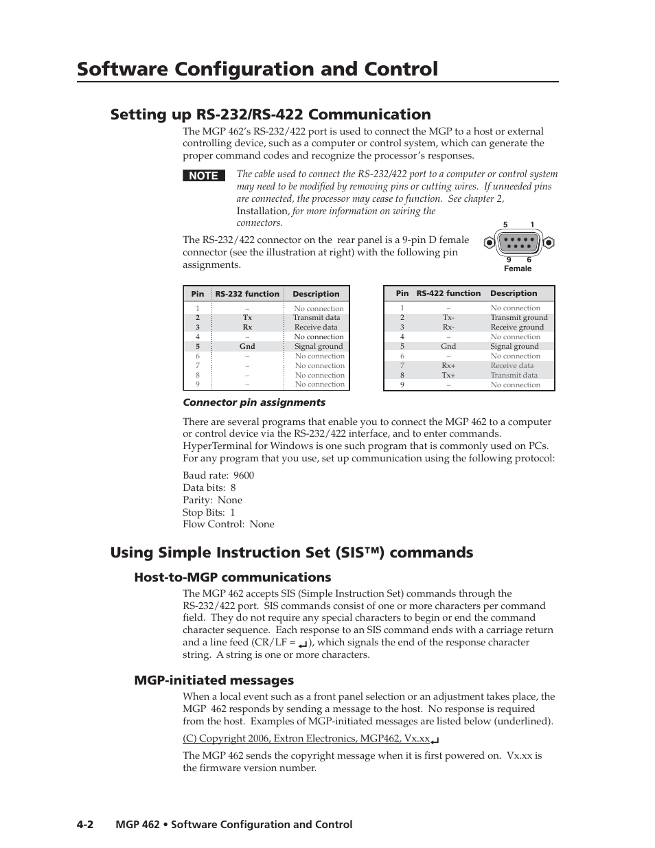 Software configuration and control, Using simple instruction set (sis™) commands, Host-to-mgp communications | Mgp-initiated messages | Extron Electronics MGP 462D User Manual | Page 50 / 130