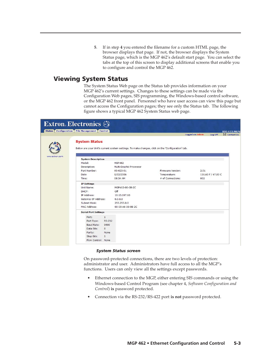 Viewing system status | Extron Electronics MGP 462D User Manual | Page 87 / 130
