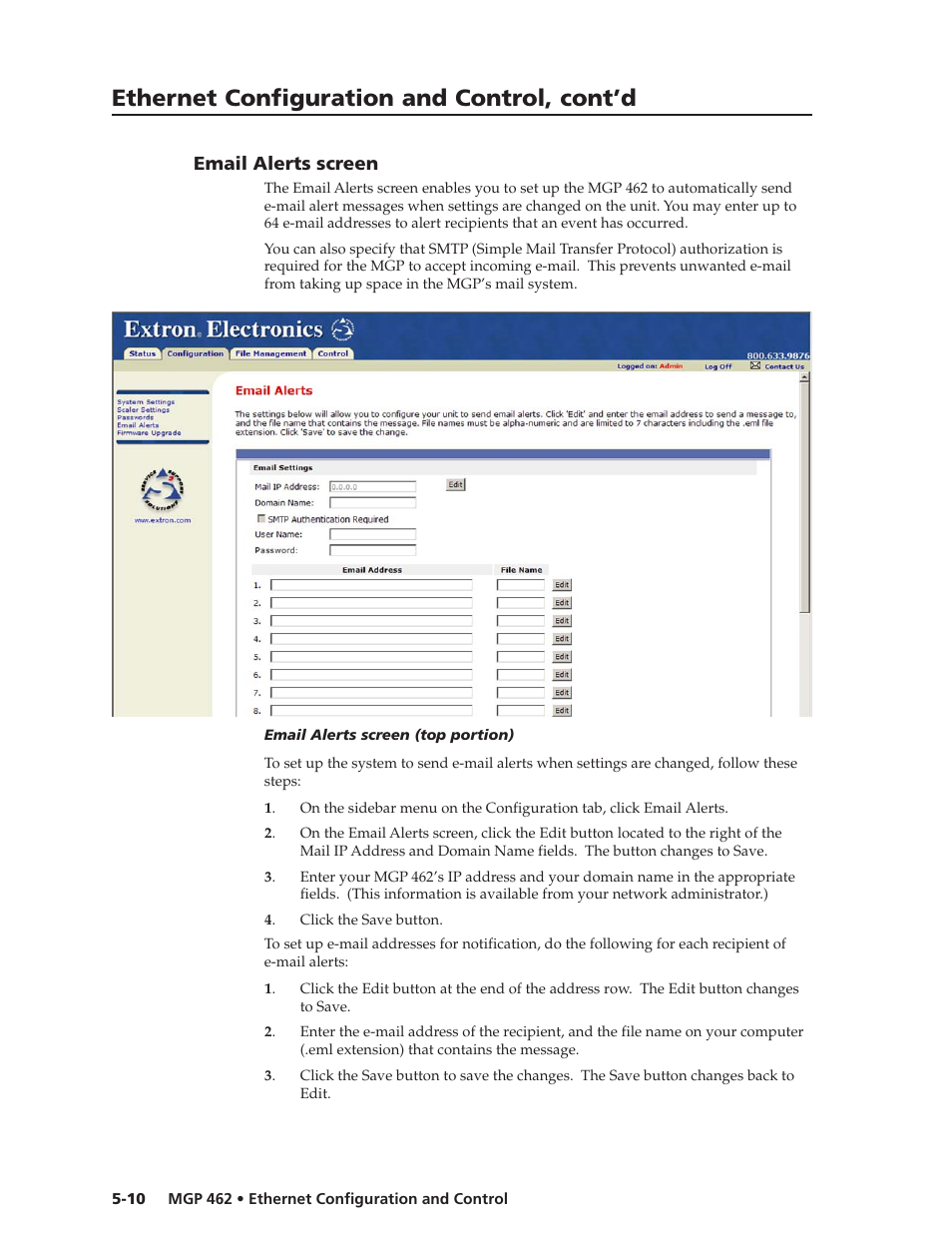 Ethernet configuration and control, cont’d, Email alerts screen | Extron Electronics MGP 462D User Manual | Page 94 / 130
