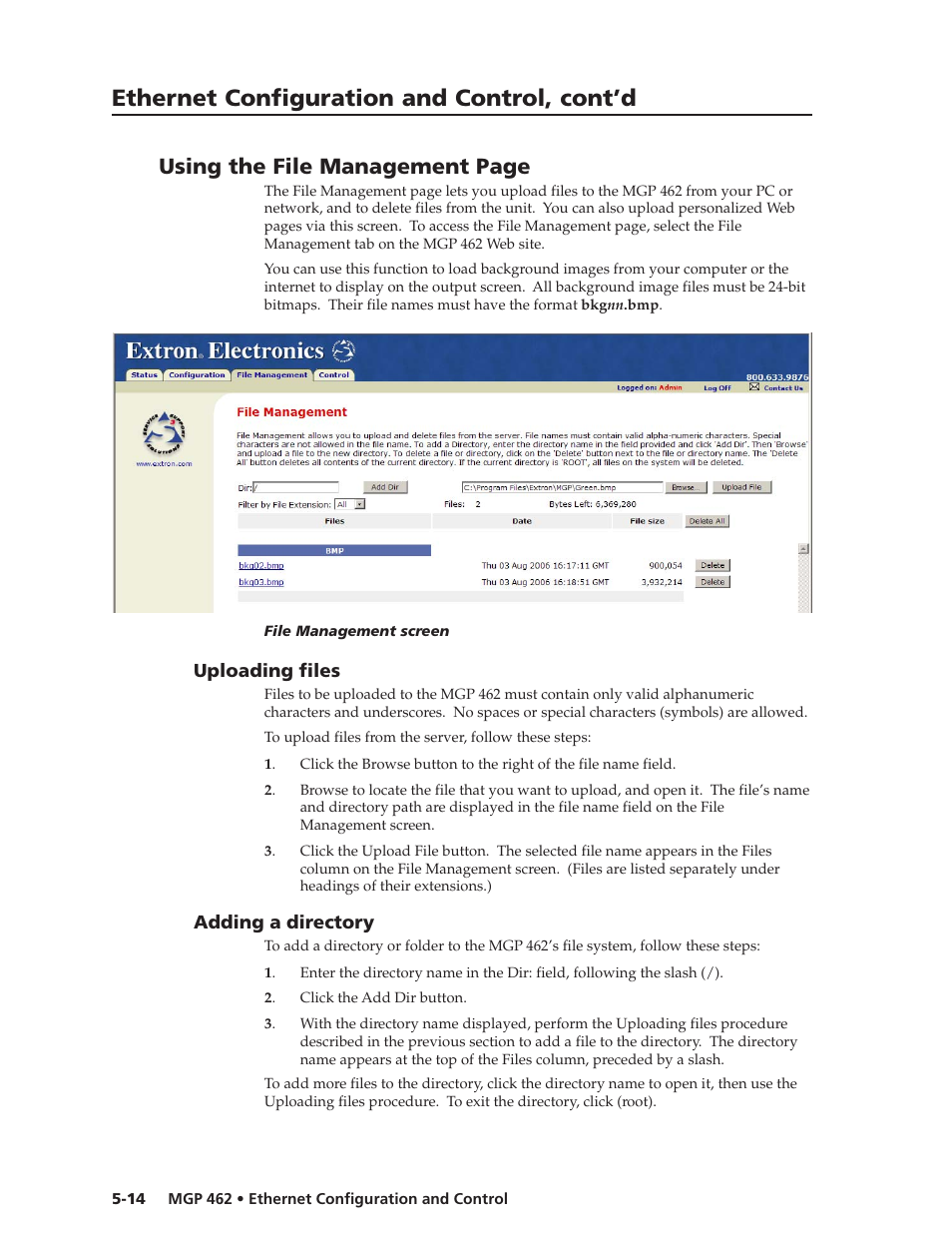 Ethernet configuration and control, cont’d, Using the file management page | Extron Electronics MGP 462D User Manual | Page 98 / 130