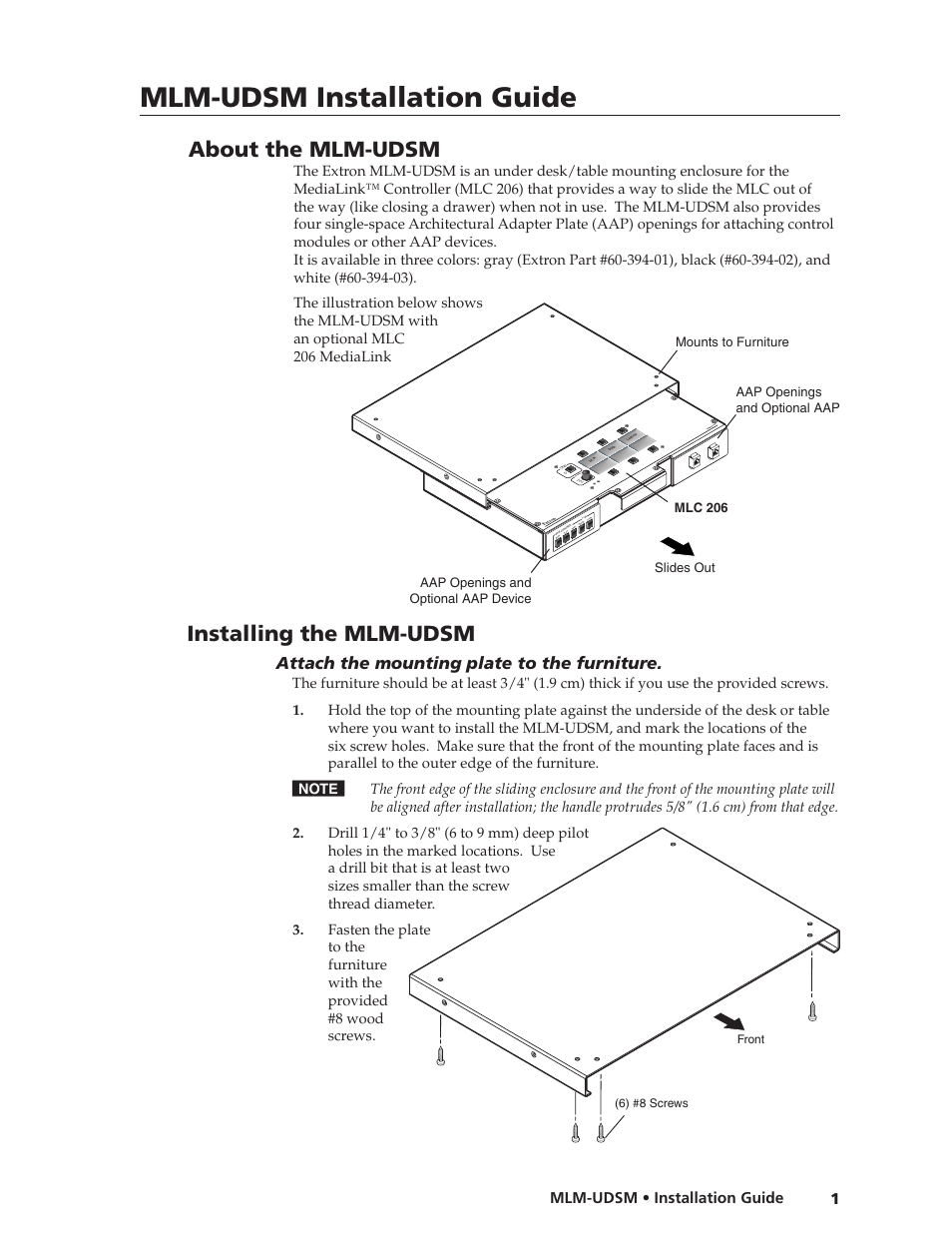 628-01 mlm-udsm 050806 rev c main body.pdf, Mlm-udsm installation guide, About the mlm-udsm | Installing the mlm-udsm, Attach the mounting plate to the furniture, Mlm-udsm • installation guide | Extron Electronics MLM-UDSM User Manual | Page 3 / 10