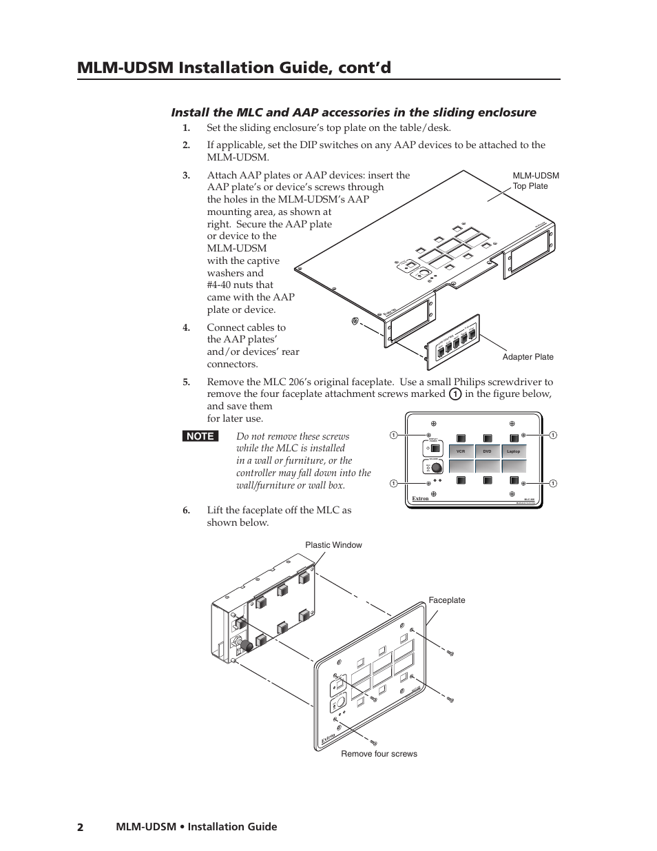 Mlm-udsm installation guide, cont’d, Mlm-udsm • installation guide, Ma x/ min | Plastic window faceplate remove four screws, Adapter plate mlm-udsm top plate | Extron Electronics MLM-UDSM User Manual | Page 4 / 10