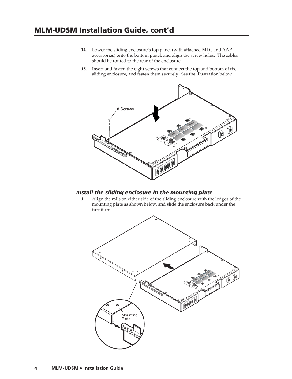 Mlm-udsm installation guide, cont’d, Mlm-udsm • installation guide, Dis pl ay po we r vo lu me ma x/ min | 8 screws, Mounting plate | Extron Electronics MLM-UDSM User Manual | Page 6 / 10