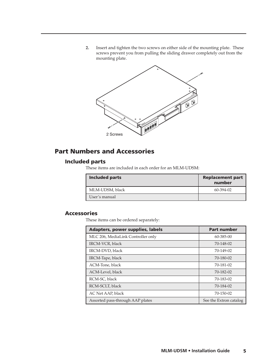 Part numbers and accessories, Included parts, Accessories | Mlm-udsm • installation guide | Extron Electronics MLM-UDSM User Manual | Page 7 / 10