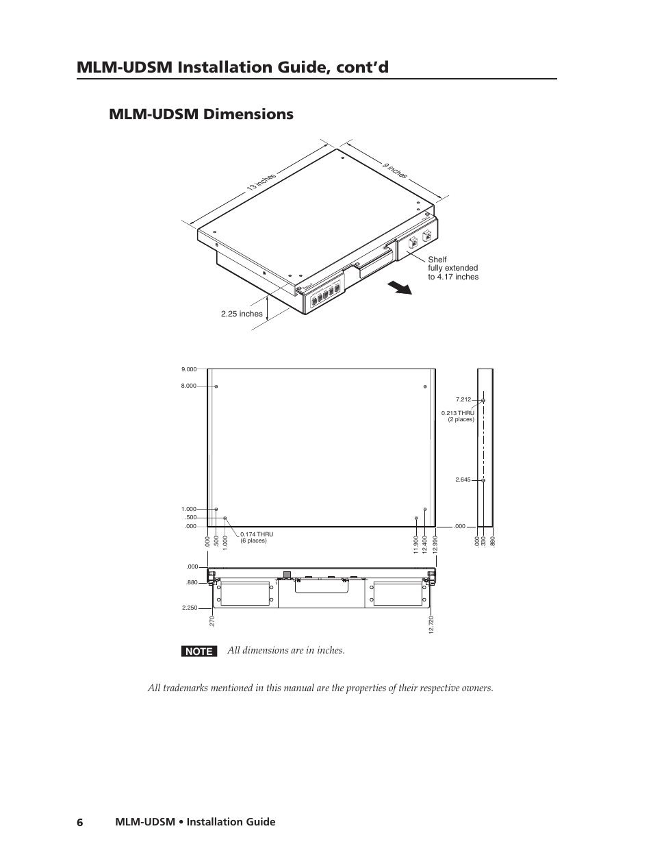 Mlm-udsm installation guide, cont’d, Mlm-udsm dimensions, Mlm-udsm • installation guide | N all dimensions are in inches | Extron Electronics MLM-UDSM User Manual | Page 8 / 10