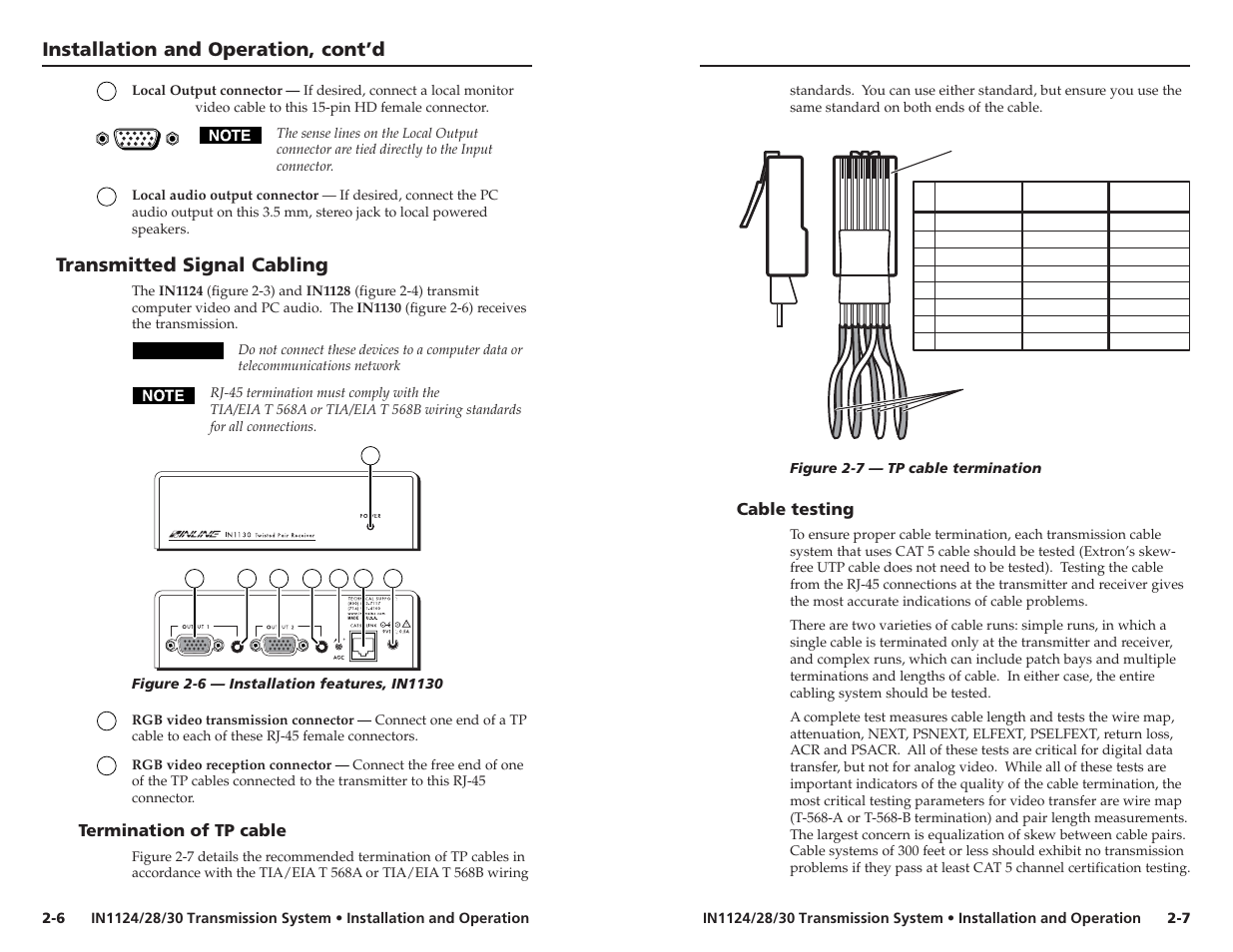 Installation and operation, cont’d, Transmitted signal cabling, Termination of tp cable | Cable testing | Extron Electronics IN1130 User’s Manual User Manual | Page 11 / 17