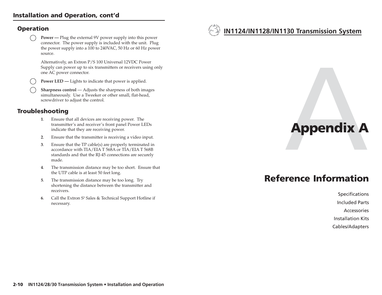 Appendix a, Reference information | Extron Electronics IN1130 User’s Manual User Manual | Page 13 / 17