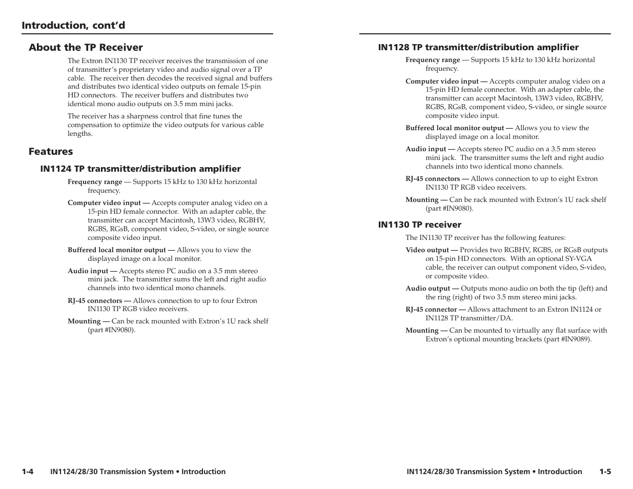 Introduction, cont’d, About the tp receiver, Features | Extron Electronics IN1130 User’s Manual User Manual | Page 7 / 17