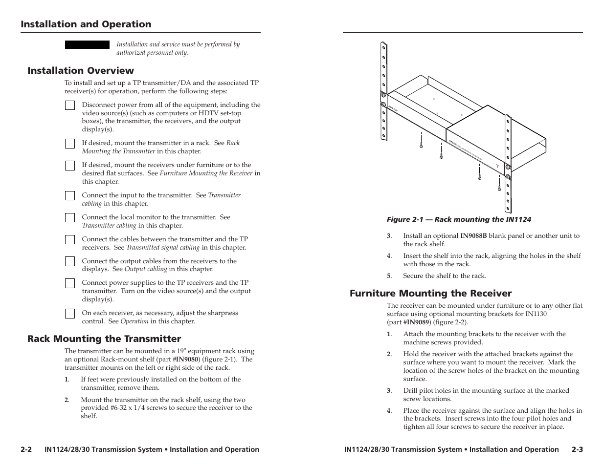 Installation and operation, cont’d, Installation overview, Rack mounting the transmitter | Furniture mounting the receiver, Installation and operation | Extron Electronics IN1130 User’s Manual User Manual | Page 9 / 17