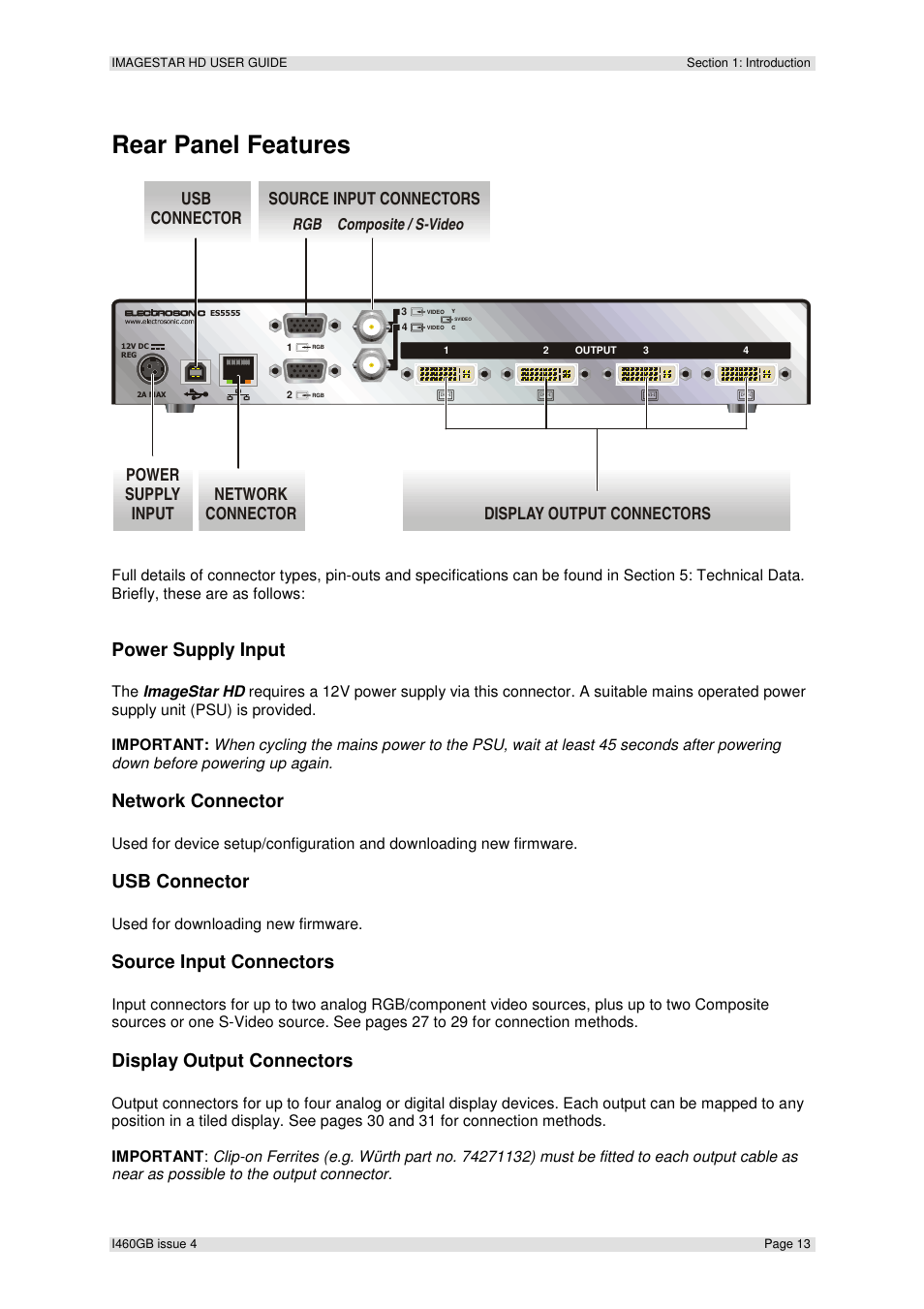 Rear panel features, Power supply input, Network connector | Usb connector, Source input connectors, Display output connectors, Rgb composite / s-video | Extron Electronics ImageStar HD User Manual | Page 13 / 90