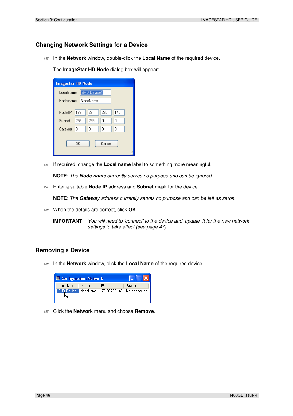 Changing network settings for a device, Removing a device | Extron Electronics ImageStar HD User Manual | Page 46 / 90