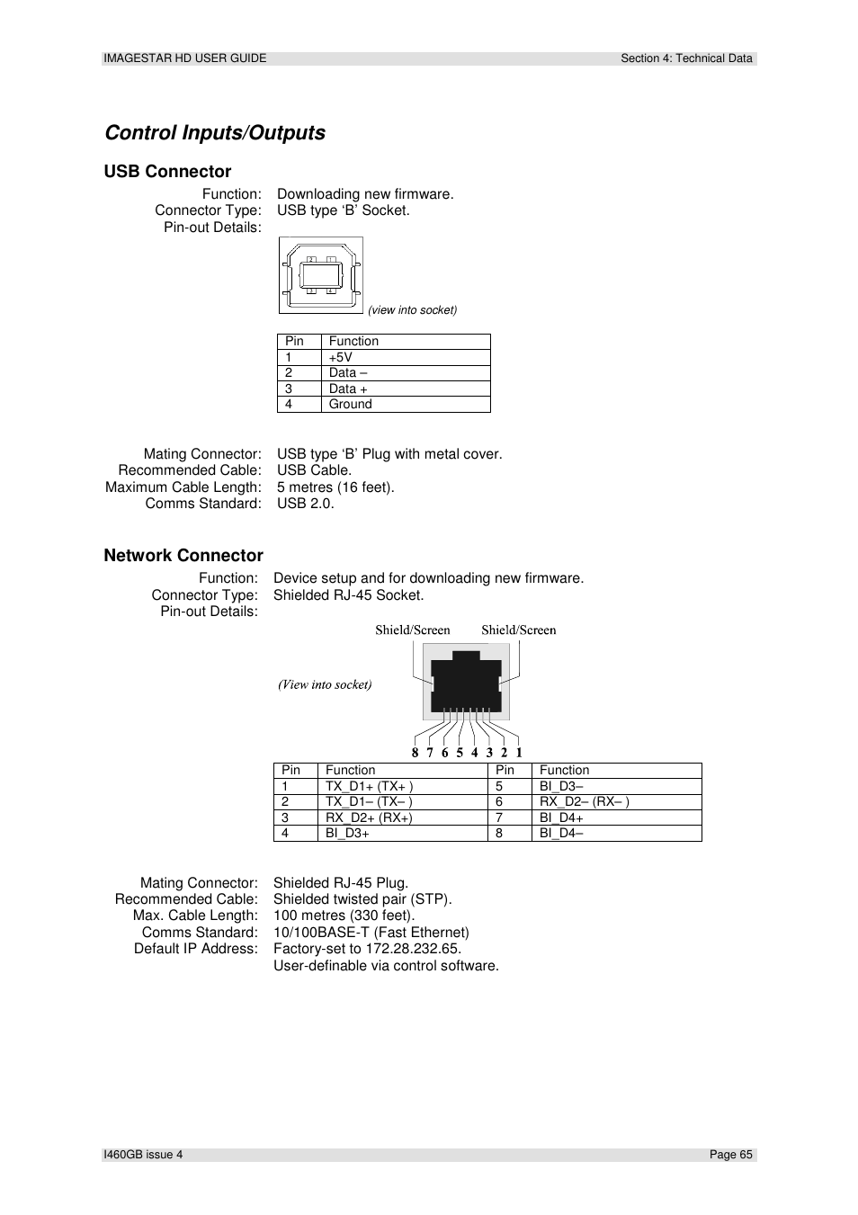 Control inputs/outputs, Usb connector, Network connector | Extron Electronics ImageStar HD User Manual | Page 65 / 90