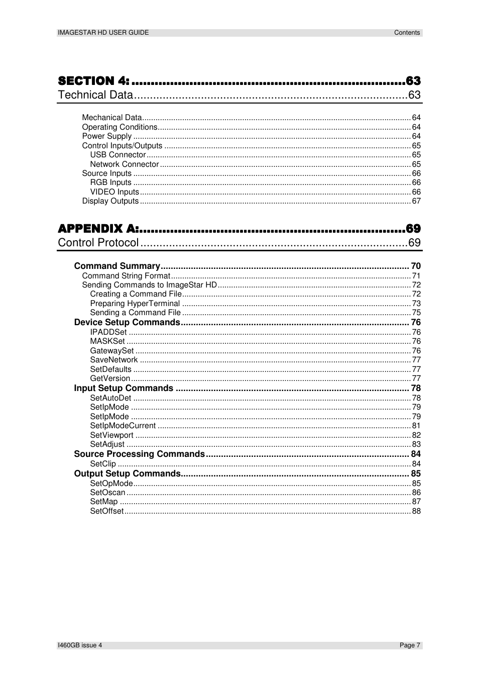 Technical data, Appendix a, Control protocol | Extron Electronics ImageStar HD User Manual | Page 7 / 90