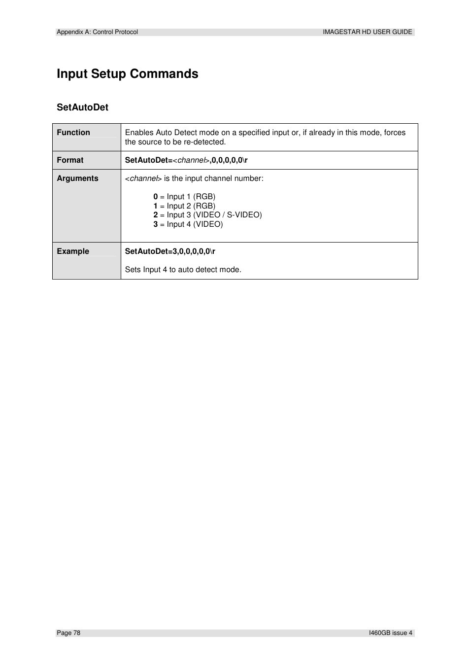 Input setup commands, Setautodet | Extron Electronics ImageStar HD User Manual | Page 78 / 90