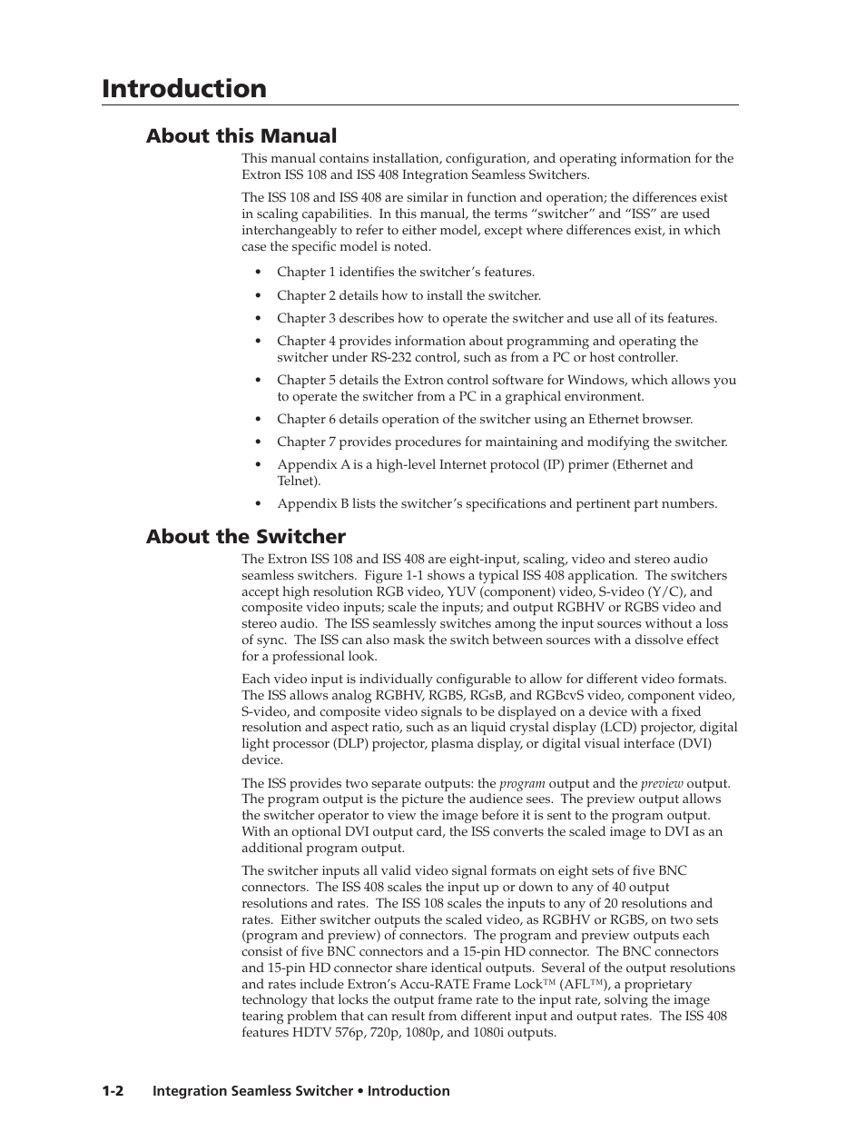 Introduction, Introduction, cont’d, About this manual | About the switcher | Extron Electronics ISS 108 User Manual | Page 10 / 104