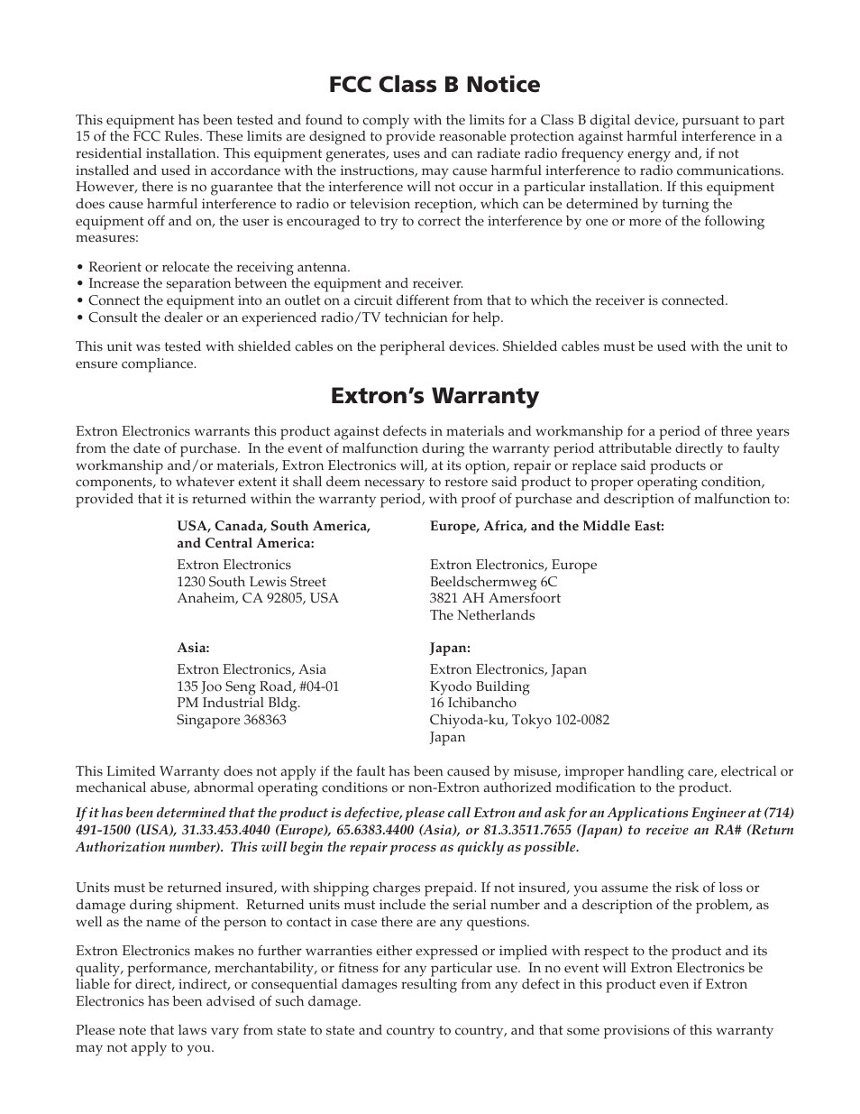 Fcc class b notice, Extron’s warranty | Extron Electronics ISS 108 User Manual | Page 103 / 104