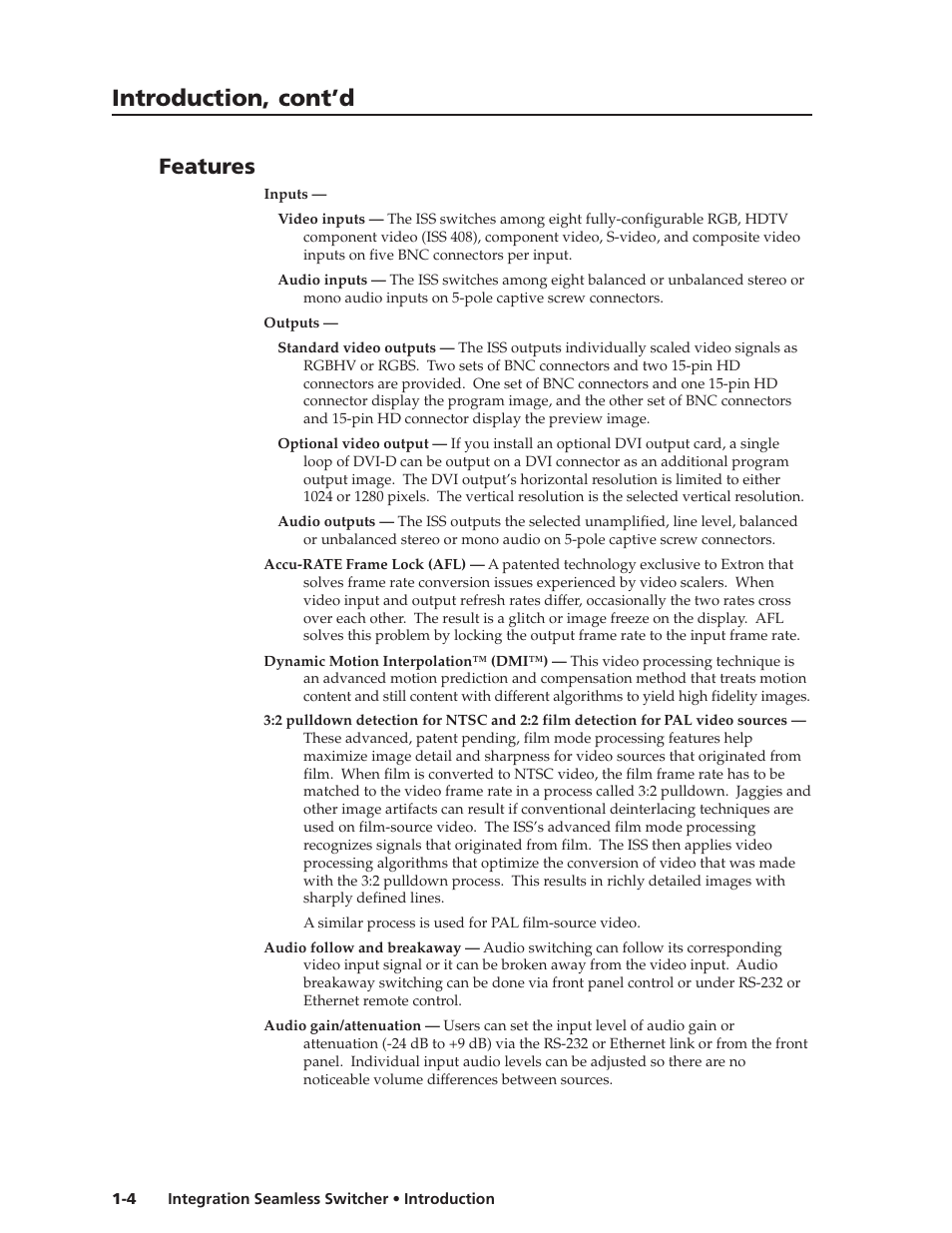 Introduction, cont’d, Features | Extron Electronics ISS 108 User Manual | Page 12 / 104