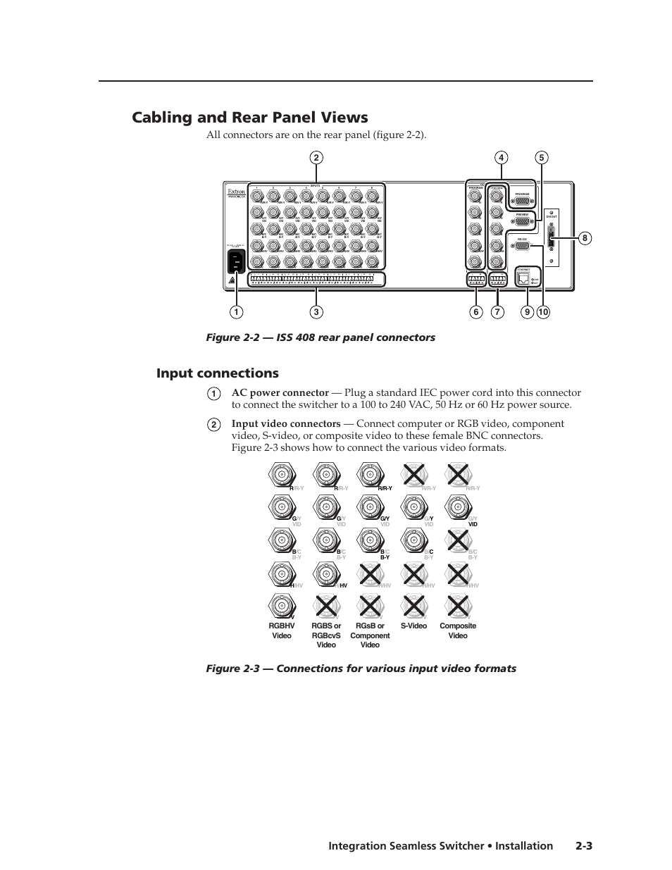 Cabling and rear panel views, Input connections, 3 integration seamless switcher • installation | All connectors are on the rear panel (figure 2-2) | Extron Electronics ISS 108 User Manual | Page 17 / 104