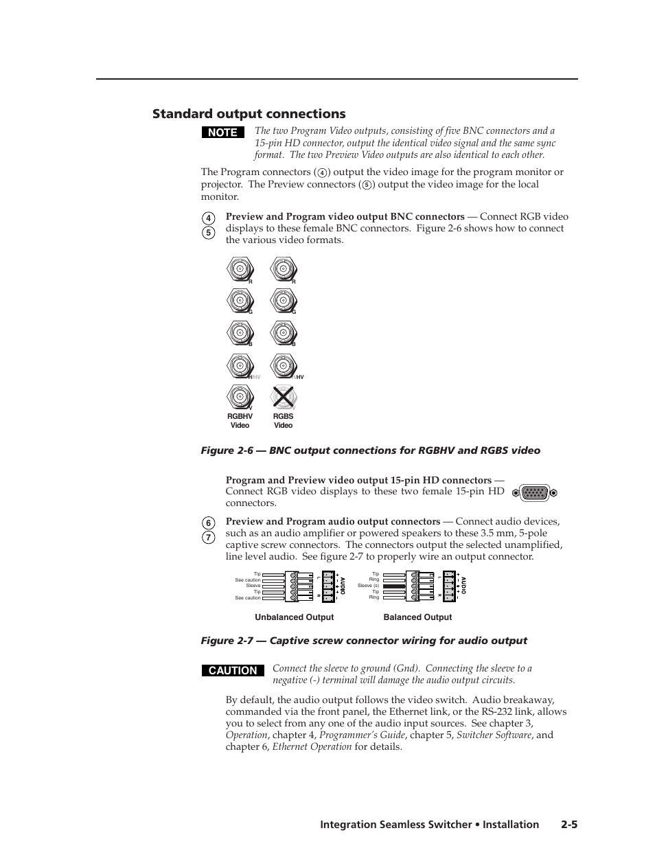 Standard output connections, 5 integration seamless switcher • installation, Caution | Extron Electronics ISS 108 User Manual | Page 19 / 104