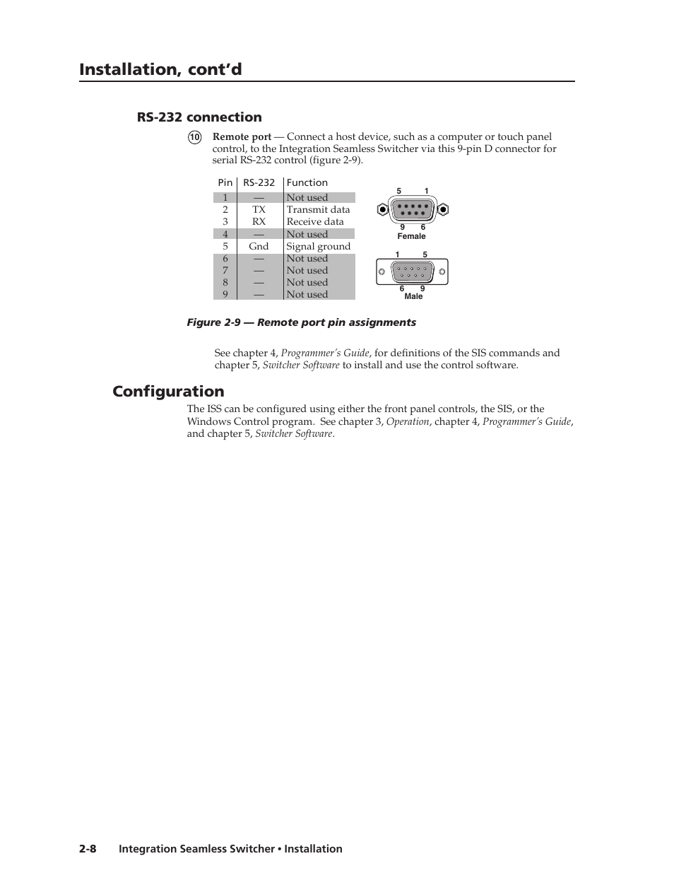 Installation, cont’d, Configuration, Rs-232 connection | Extron Electronics ISS 108 User Manual | Page 22 / 104