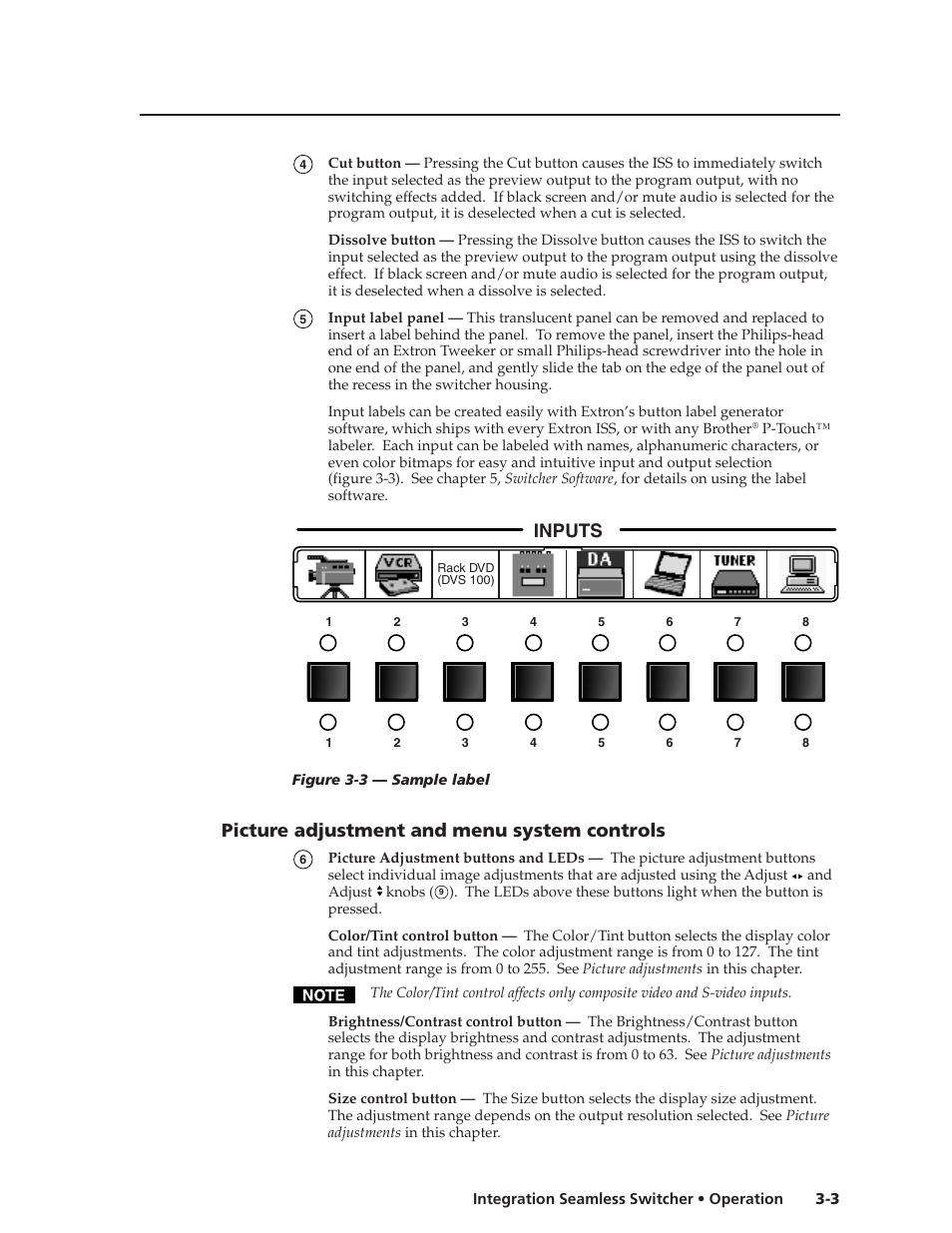 Inputs, Picture adjustment and menu system controls | Extron Electronics ISS 108 User Manual | Page 25 / 104
