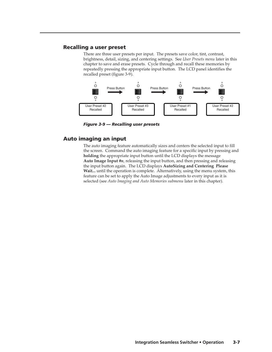 Recalling a user preset, Auto imaging an input, 7 integration seamless switcher • operation | Extron Electronics ISS 108 User Manual | Page 29 / 104