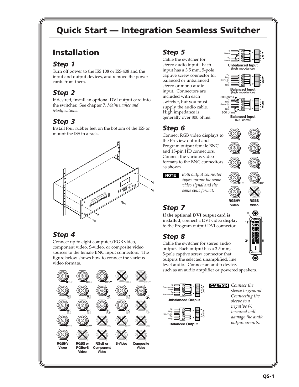 Quick start — integration seamless switcher, Installation, Step 1 | Step 2, Step 3, Step 4, Step 5, Step 6, Step 7, Step 8 | Extron Electronics ISS 108 User Manual | Page 3 / 104