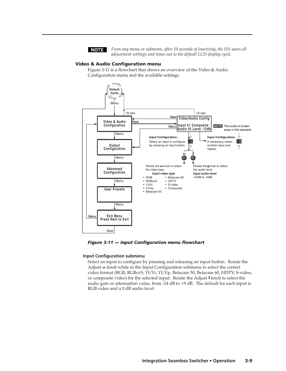 9 integration seamless switcher • operation, Video & audio configuration menu | Extron Electronics ISS 108 User Manual | Page 31 / 104
