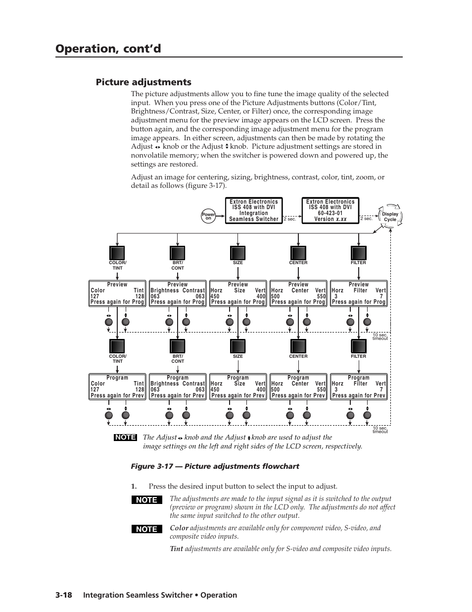 Operation, cont’d, Picture adjustments | Extron Electronics ISS 108 User Manual | Page 40 / 104