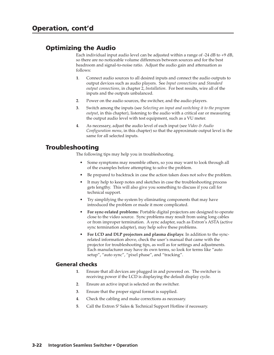 Operation, cont’d, Optimizing the audio, Troubleshooting | General checks | Extron Electronics ISS 108 User Manual | Page 44 / 104