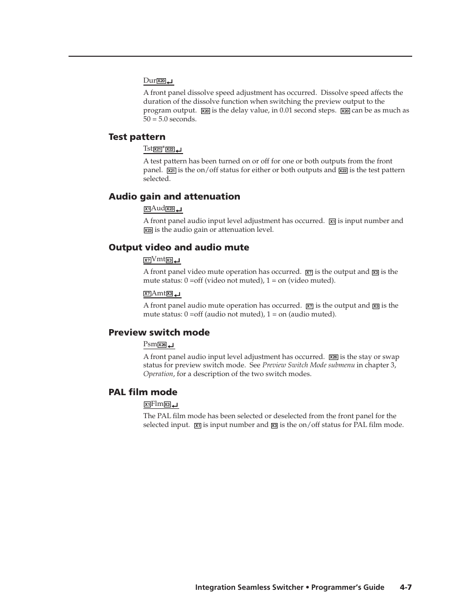 Test pattern, Audio gain and attenuation, Output video and audio mute | Preview switch mode, Pal film mode | Extron Electronics ISS 108 User Manual | Page 53 / 104