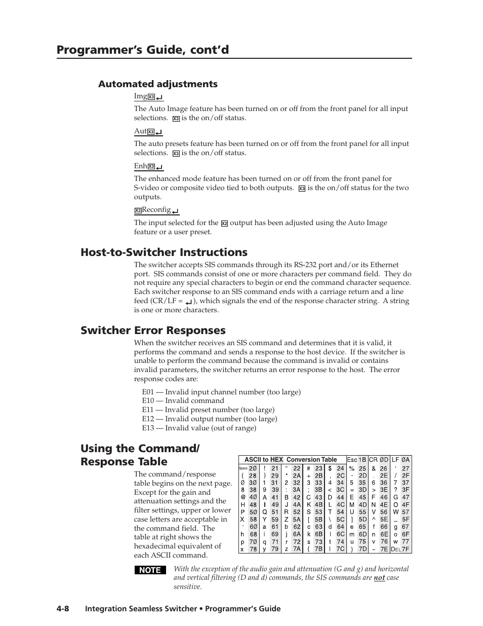 Programmer’s guide, cont’d, Host-to-switcher instructions, Switcher error responses | Using the command/ response table, Automated adjustments | Extron Electronics ISS 108 User Manual | Page 54 / 104