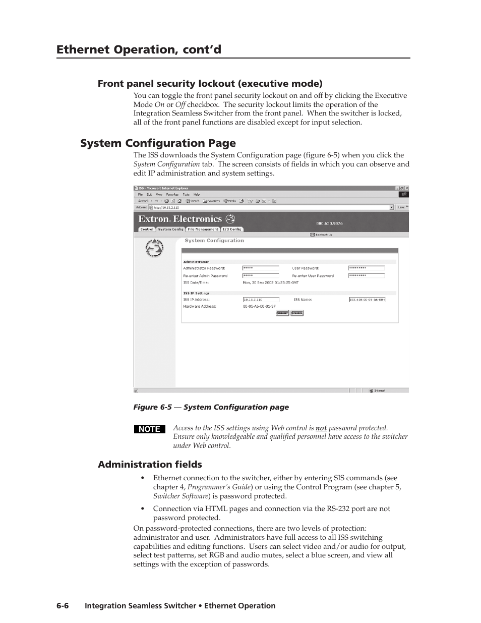 Ethernet operation, cont’d, System configuration page | Extron Electronics ISS 108 User Manual | Page 76 / 104