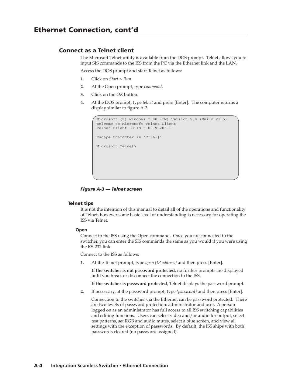Ethernet connection, cont’d, Connect as a telnet client | Extron Electronics ISS 108 User Manual | Page 92 / 104