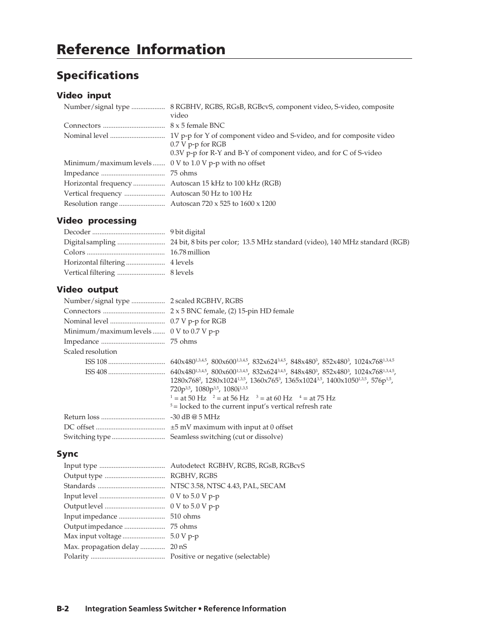 Reference information, Specifications, Video input | Video processing, Video output, Sync | Extron Electronics ISS 108 User Manual | Page 96 / 104