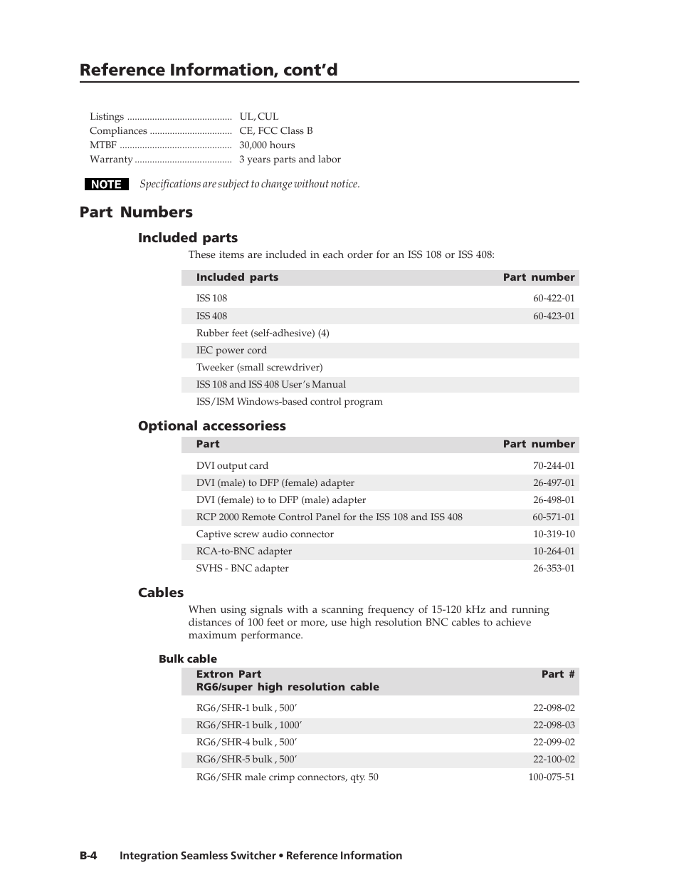 Reference information, cont’d, Part numbers | Extron Electronics ISS 108 User Manual | Page 98 / 104