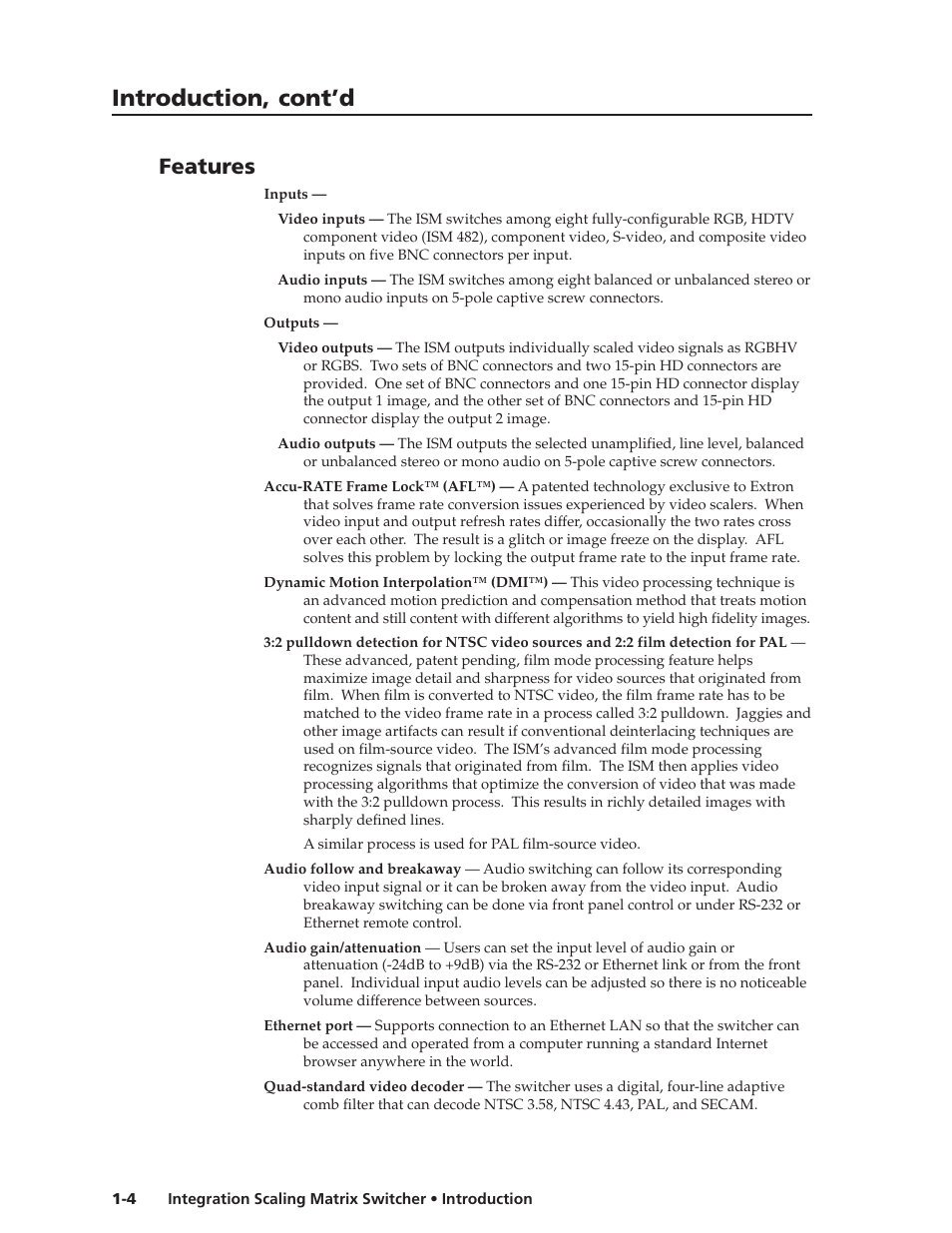 Introduction, cont’d, Features | Extron Electronics ISM 182 User Manual | Page 12 / 96