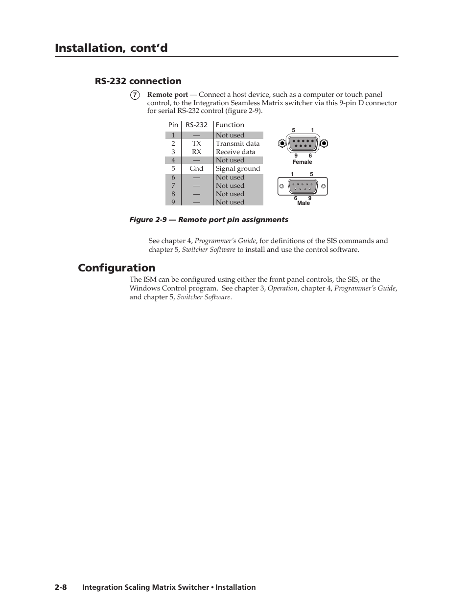 Installation, cont’d, Configuration, Rs-232 connection | Extron Electronics ISM 182 User Manual | Page 22 / 96