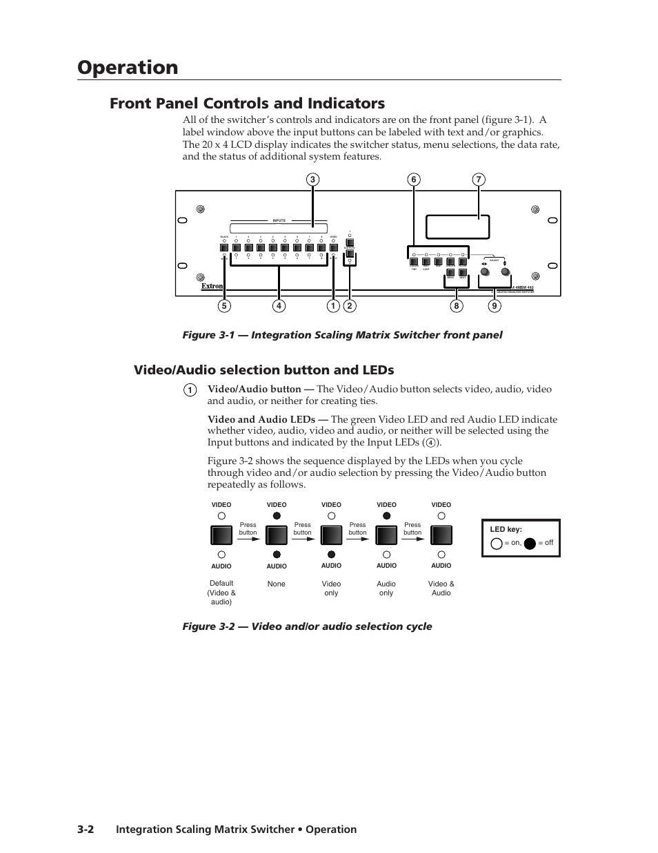 Operation, Operation, cont’d, Front panel controls and indicators | Video/audio selection button and leds, Figure 3-2 — video and/or audio selection cycle | Extron Electronics ISM 182 User Manual | Page 24 / 96
