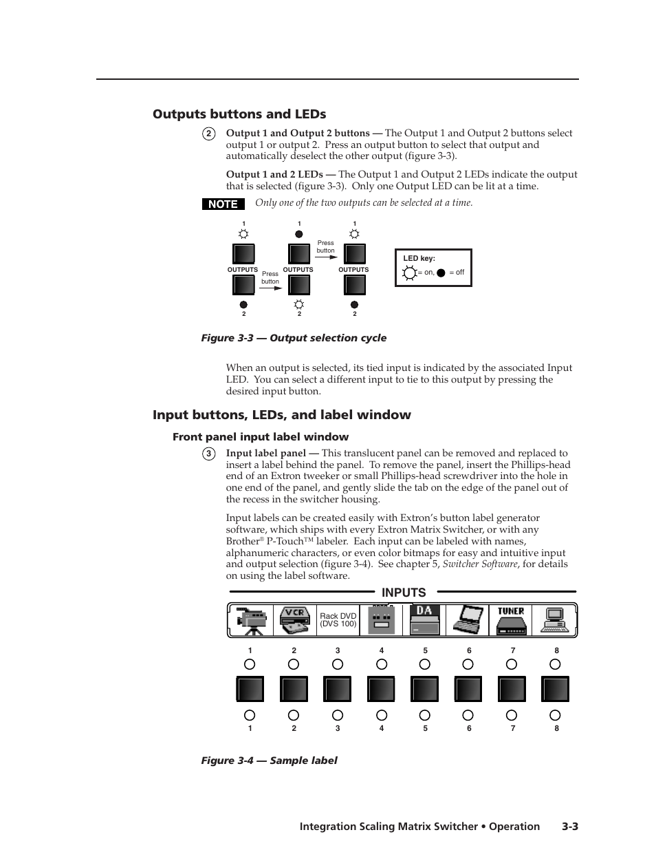 Outputs buttons and leds, Input buttons, leds, and label window, Inputs | Extron Electronics ISM 182 User Manual | Page 25 / 96