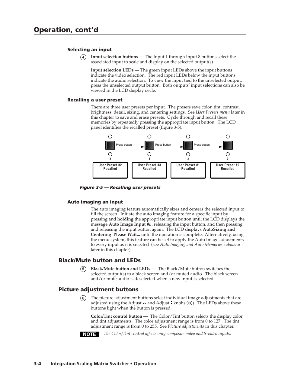 Operation, cont’d, Black/mute button and leds, Picture adjustment buttons | Extron Electronics ISM 182 User Manual | Page 26 / 96