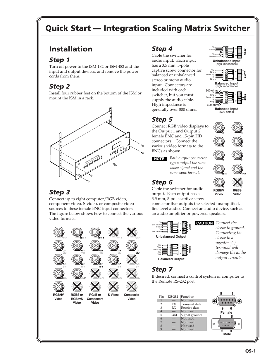 Quick start — integration scaling matrix switcher, Installation, Step 1 | Step 2, Step 3, Step 4, Step 5, Step 6, Step 7, Qs-1 | Extron Electronics ISM 182 User Manual | Page 3 / 96