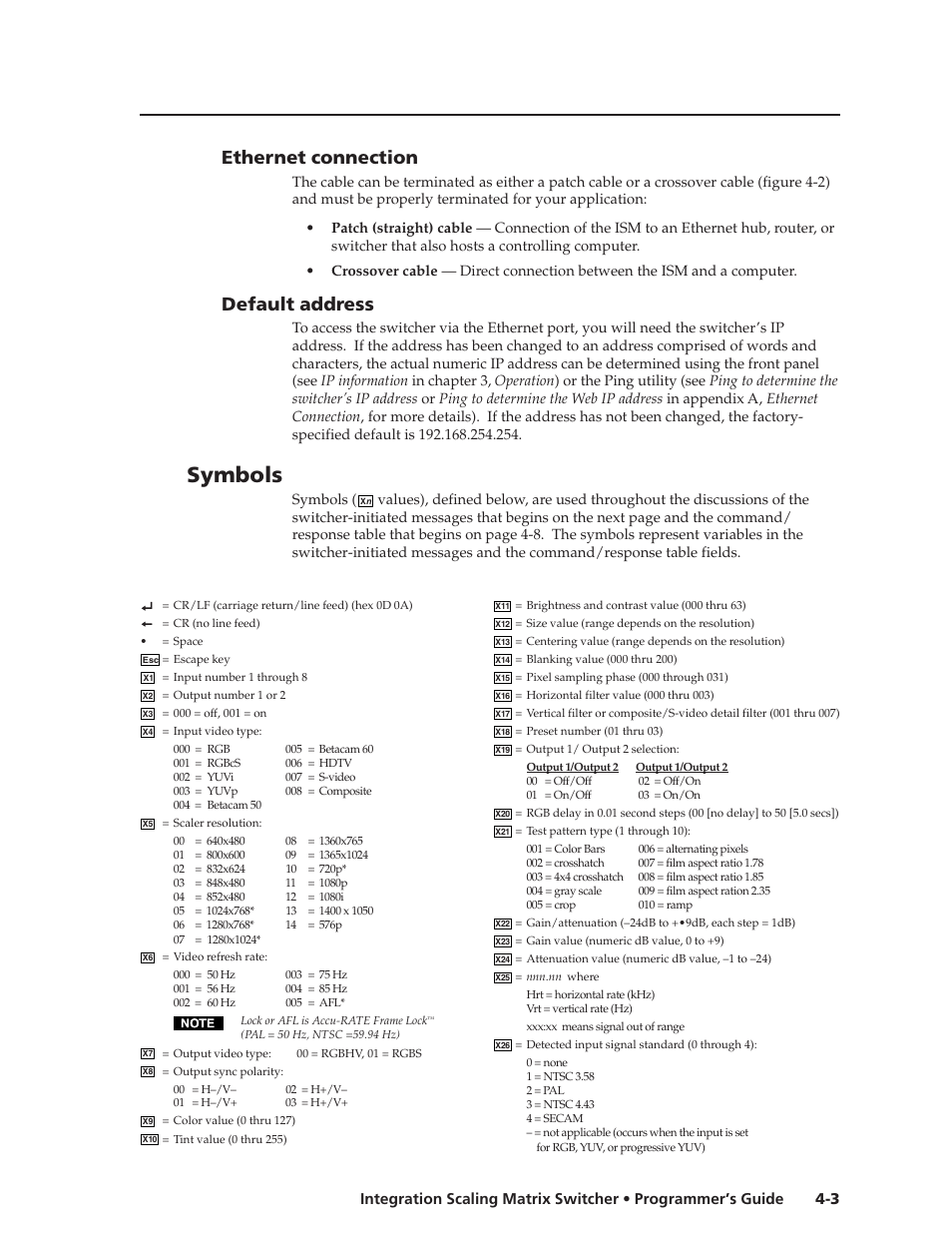 Symbols, Ethernet connection, Default address | Extron Electronics ISM 182 User Manual | Page 47 / 96
