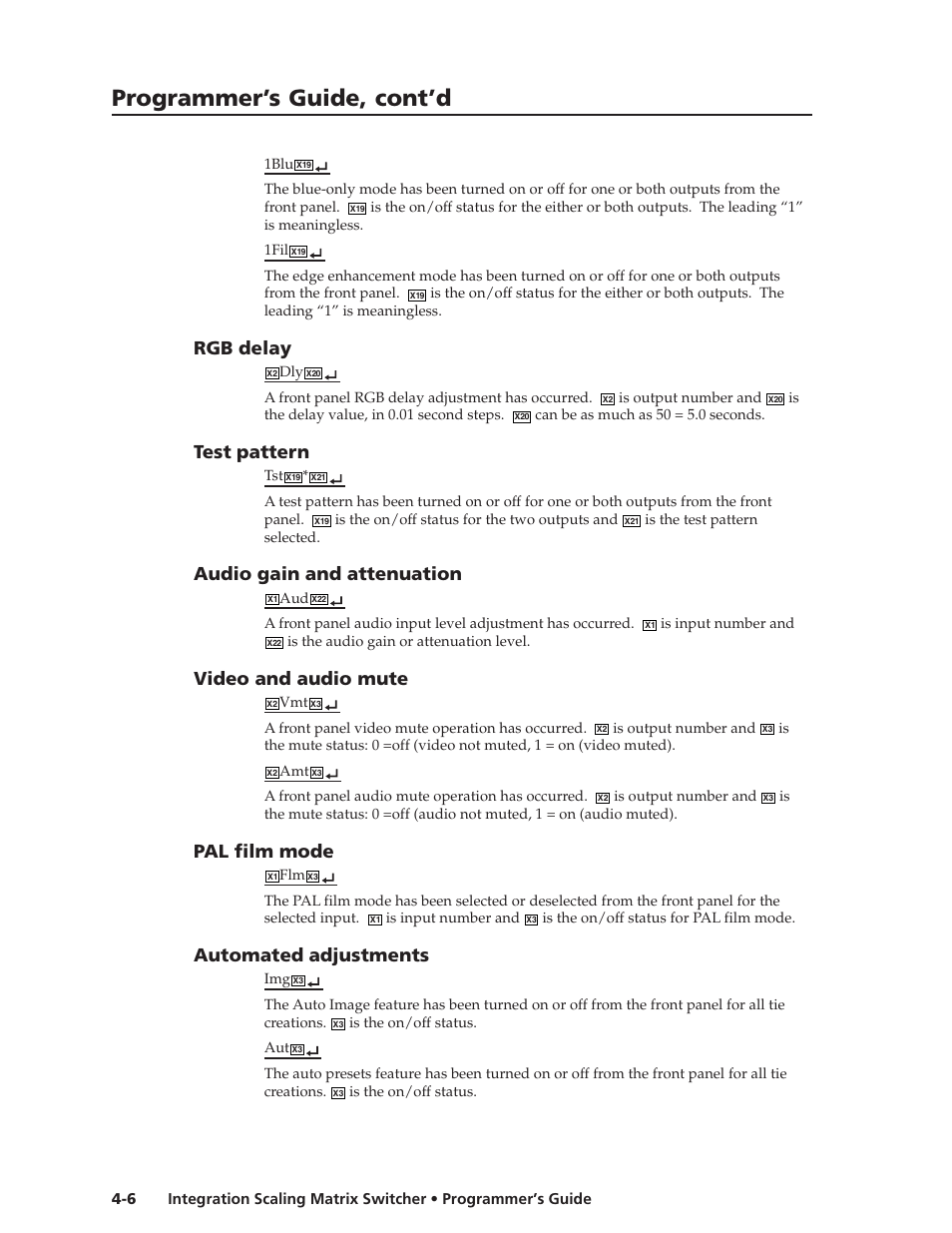 Programmer’s guide, cont’d, Rgb delay, Test pattern | Audio gain and attenuation, Video and audio mute, Pal film mode, Automated adjustments | Extron Electronics ISM 182 User Manual | Page 50 / 96