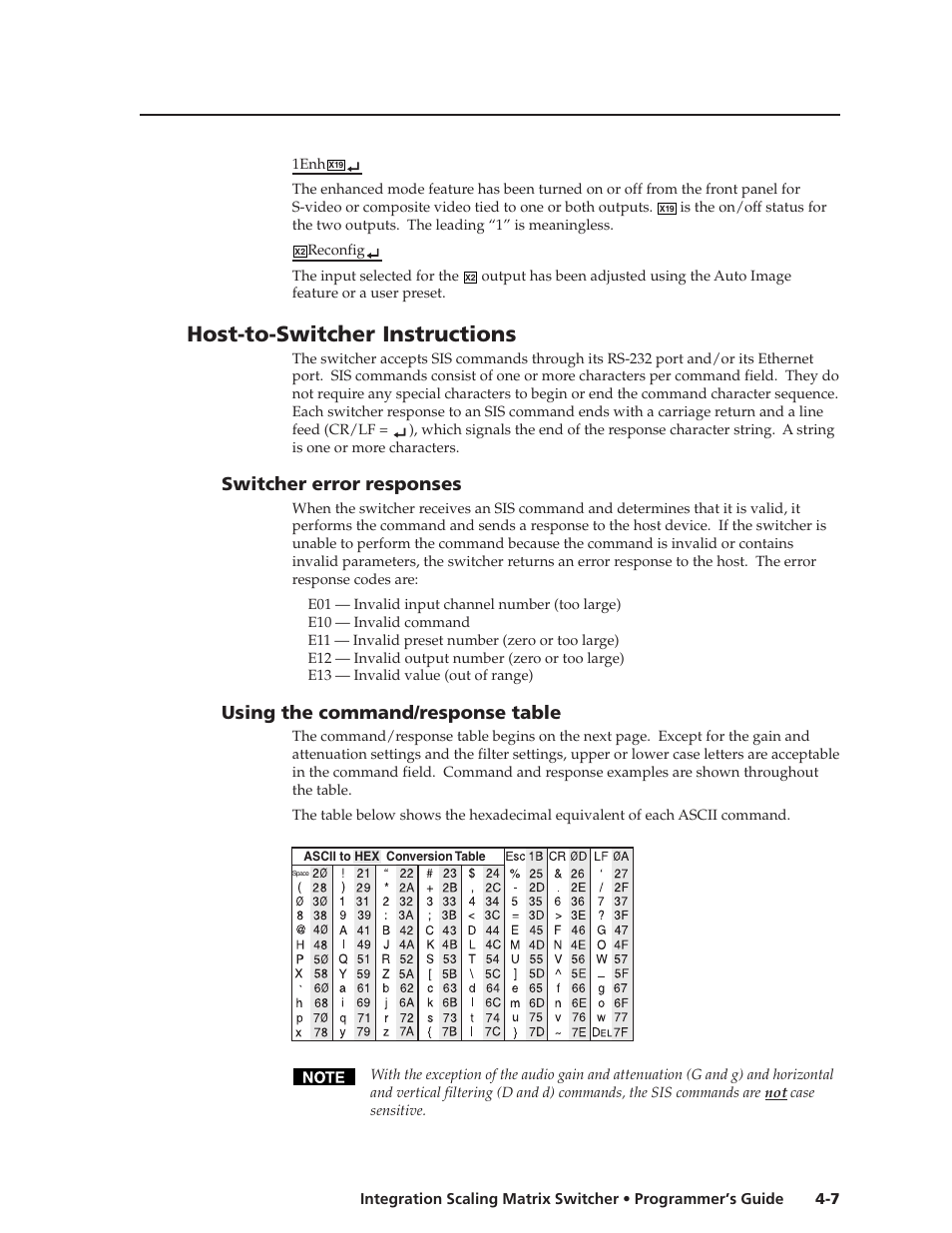 Host-to-switcher instructions, Switcher error responses, Using the command/response table | Extron Electronics ISM 182 User Manual | Page 51 / 96