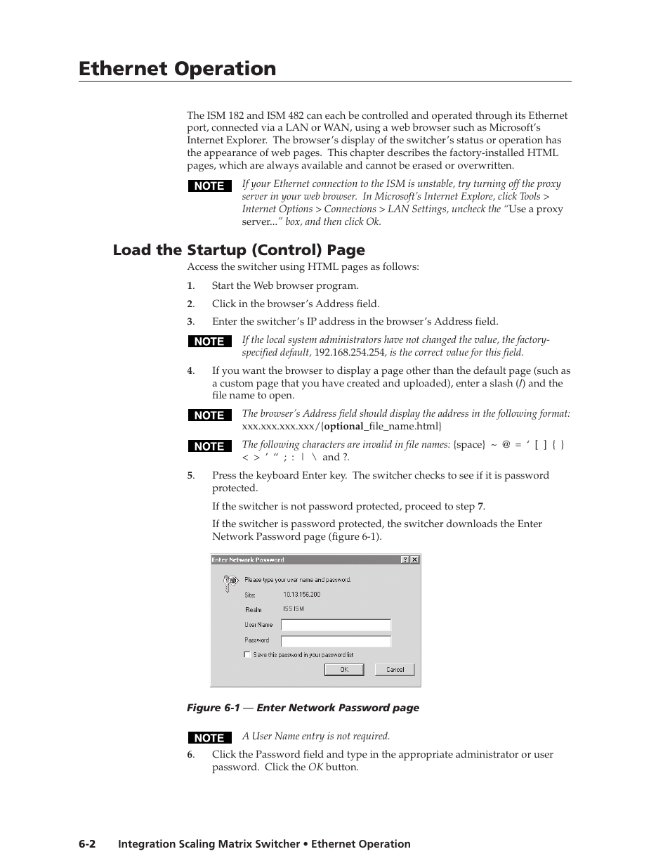 Ethernet operation, Ethernet operation, cont’d, Load the startup (control) page | Extron Electronics ISM 182 User Manual | Page 68 / 96
