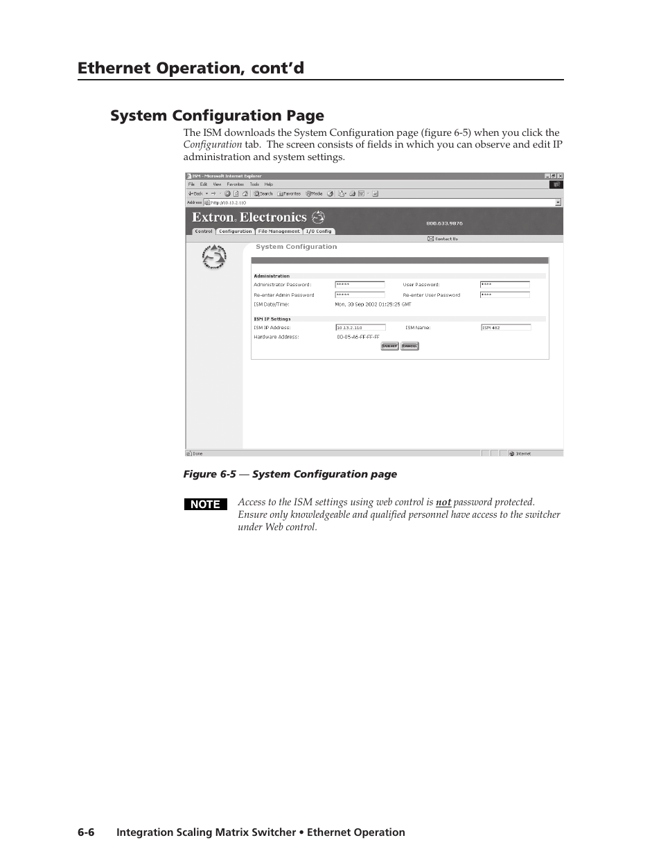 Ethernet operation, cont’d, System configuration page | Extron Electronics ISM 182 User Manual | Page 72 / 96
