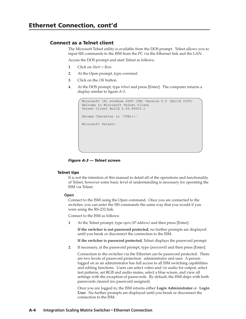 Ethernet connection, cont’d, Connect as a telnet client | Extron Electronics ISM 182 User Manual | Page 82 / 96